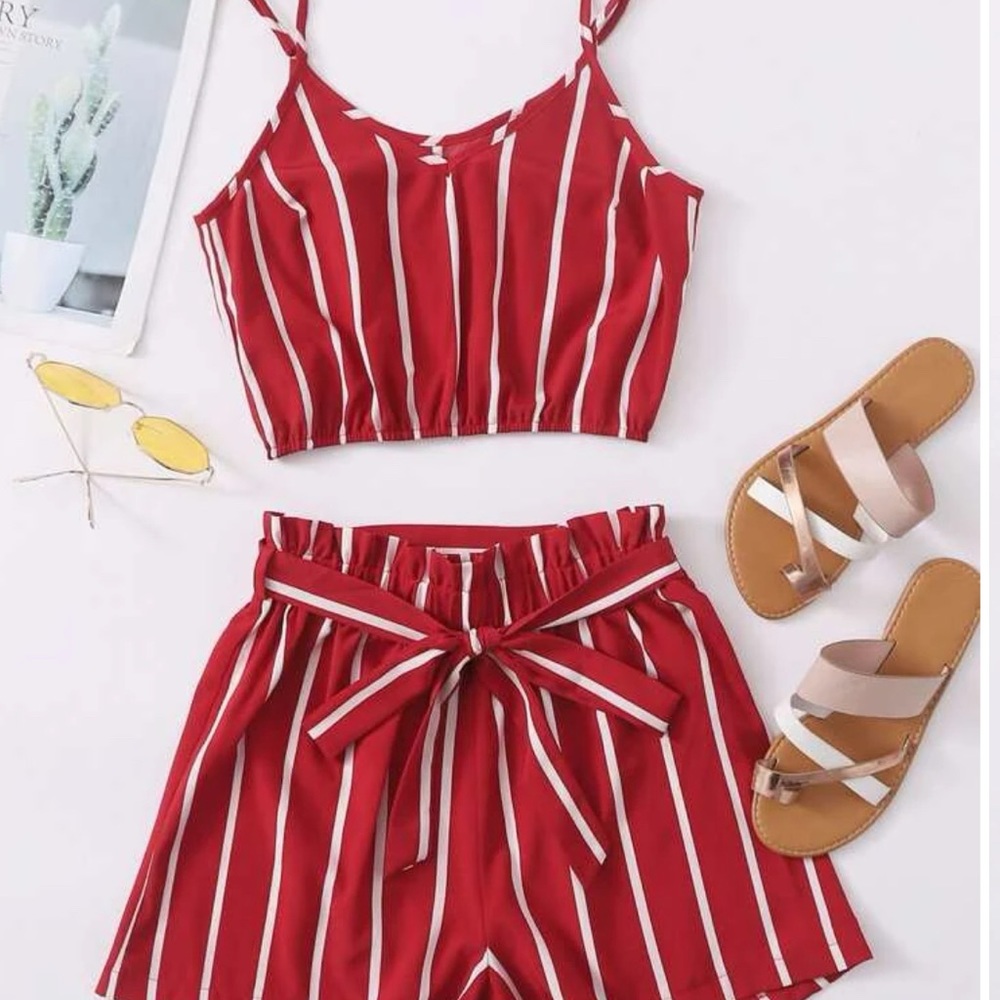 Stripped Crop Top & Belted Paper Bag Waist Shorts